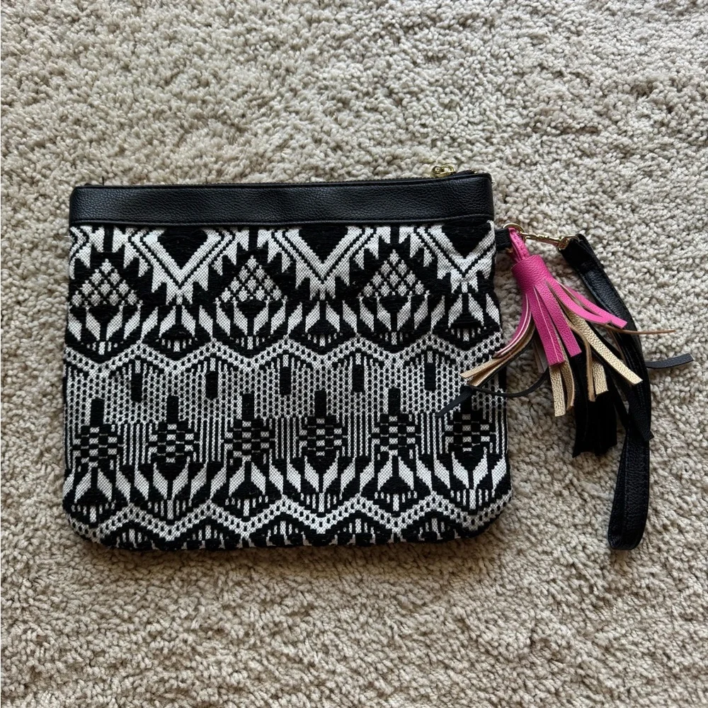 Black and White Patterned Clutch Purse with Pink Tassel Accent for Women EUC